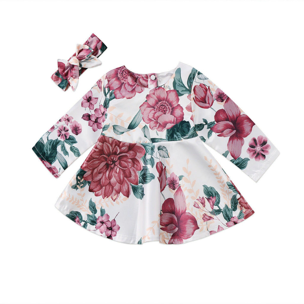 2 pcs / Set Newborn baby Long Sleeve Dress and a Headband